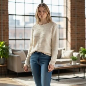 Sorbe Nubby Textured Crew Neck Sweater Cream Casual Clean Girl Minimalist
